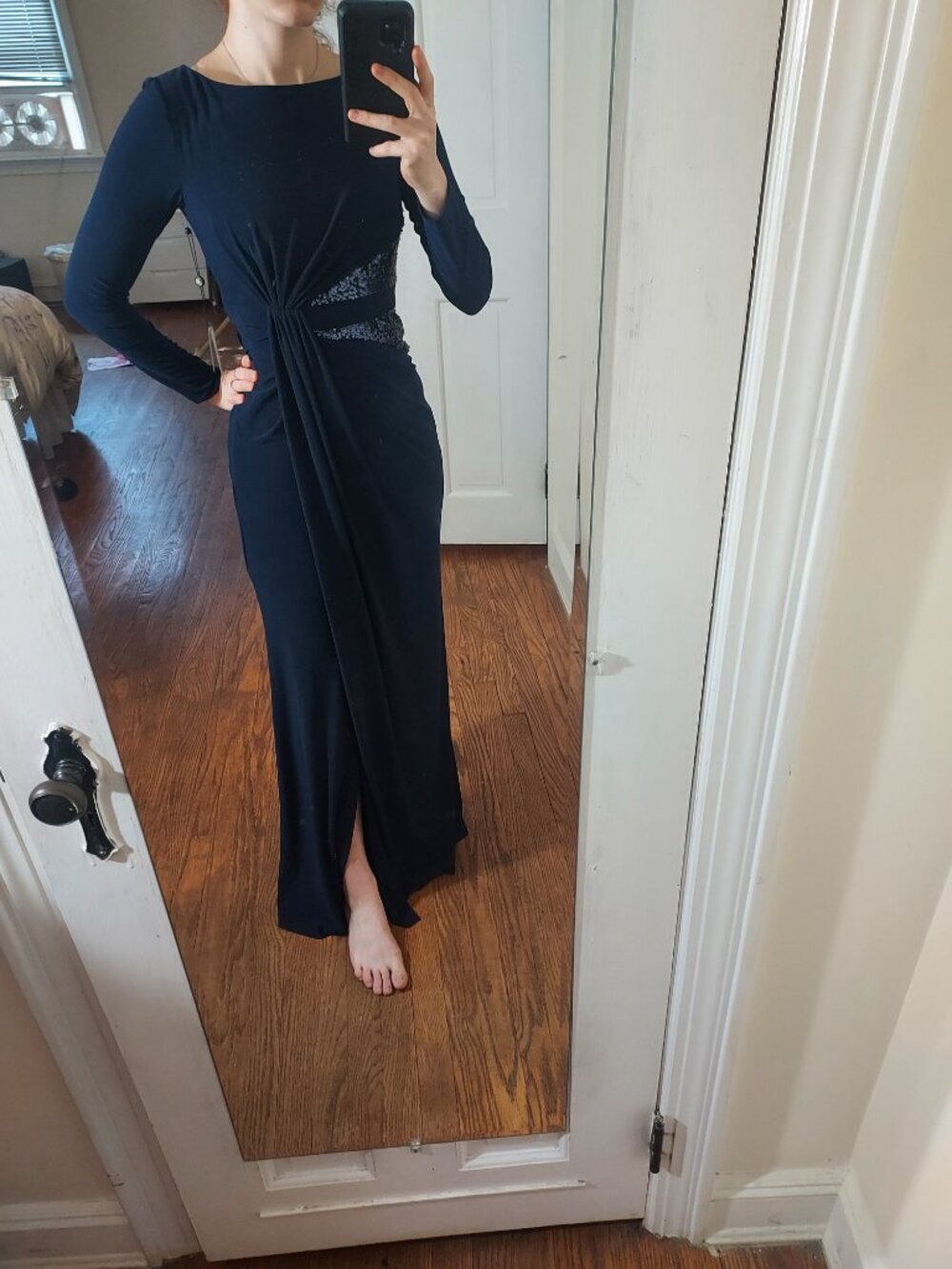 Adrianna Papell Blue Navy Long Sleeve Sequin Modest Jersey Gown